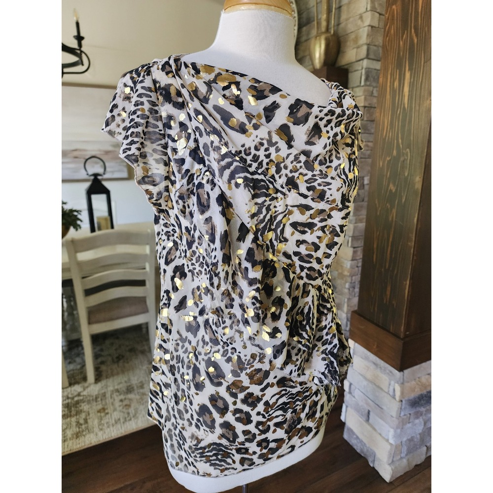 Y2K BCBG Leopard Print Gold Metallic Foil Cowl Neck Blouse Top Boho Festival - Picture 2 of 10
